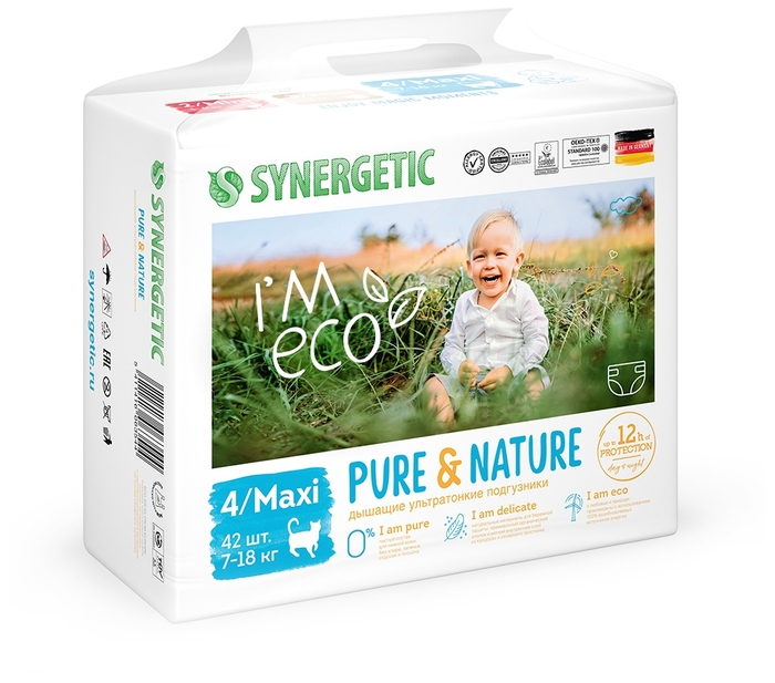 Synergetic Дышащие ультратонкие детские подгузники Pure&Nature, размер 4 / MAXI (7-18 кг), 42шт.