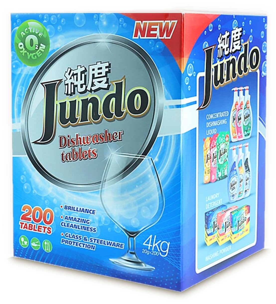 Jundo Таблетки для безопасного мытья посуды в ПММ Active Oxygen 3 в 1, без запаха, 200 шт