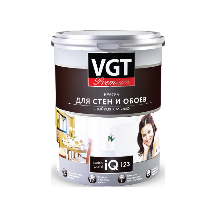 Краска VGT PREMIUM для стен и обоев IQ 123 база С стойкая к мытью, 7л(9,5 кг)