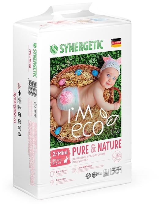 Synergetic Дышащие ультратонкие детские подгузники Pure&Nature, размер 2 / MINI (3-6 кг)