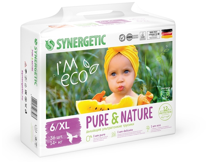 Synergetic Дышащие ультратонкие детские подгузники-трусики Pure&Nature, размер 6 / XL (14+ кг), 36шт